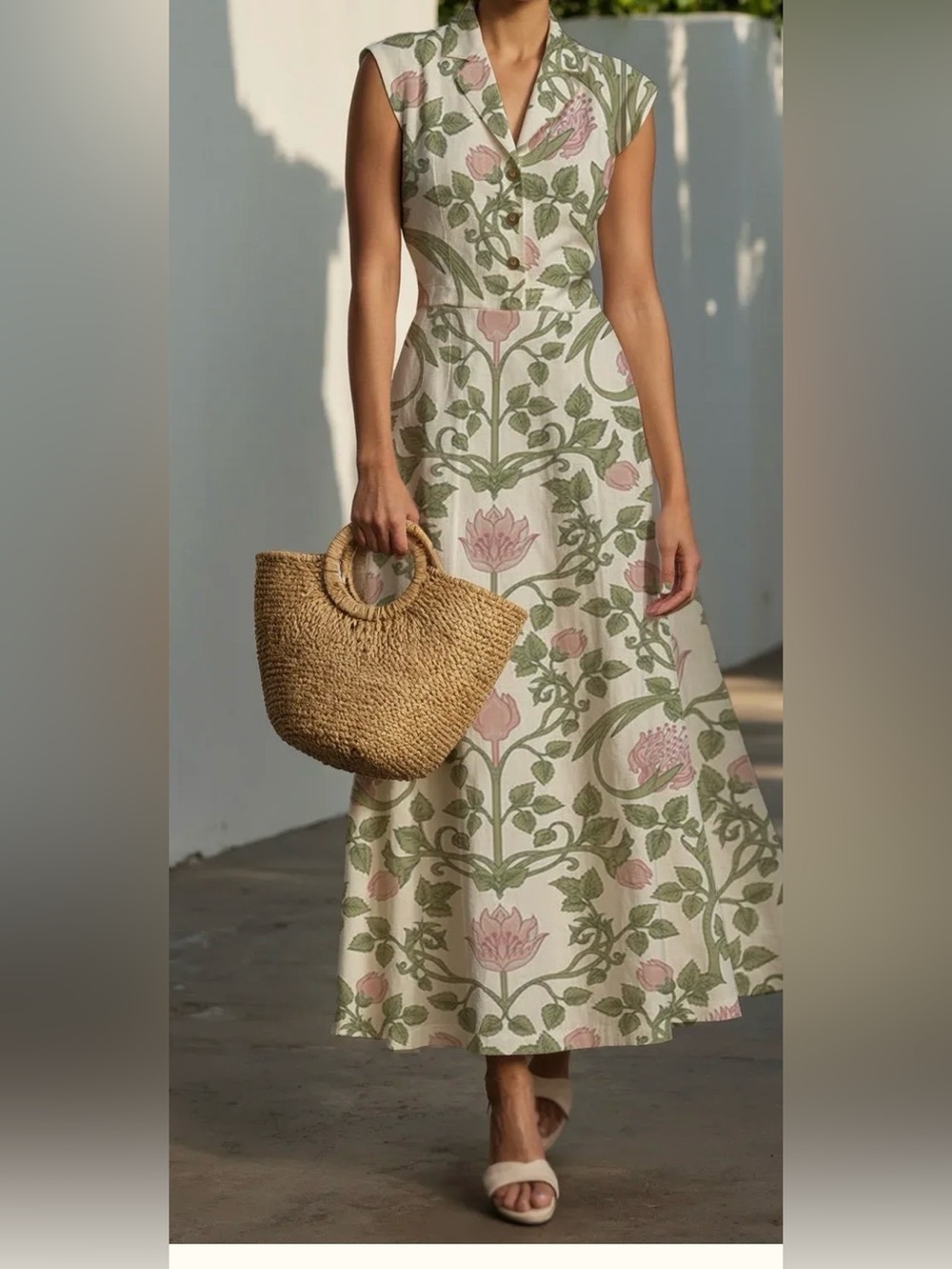 Cream Maxi Dress with Green Botanical Print and Pink Accents
